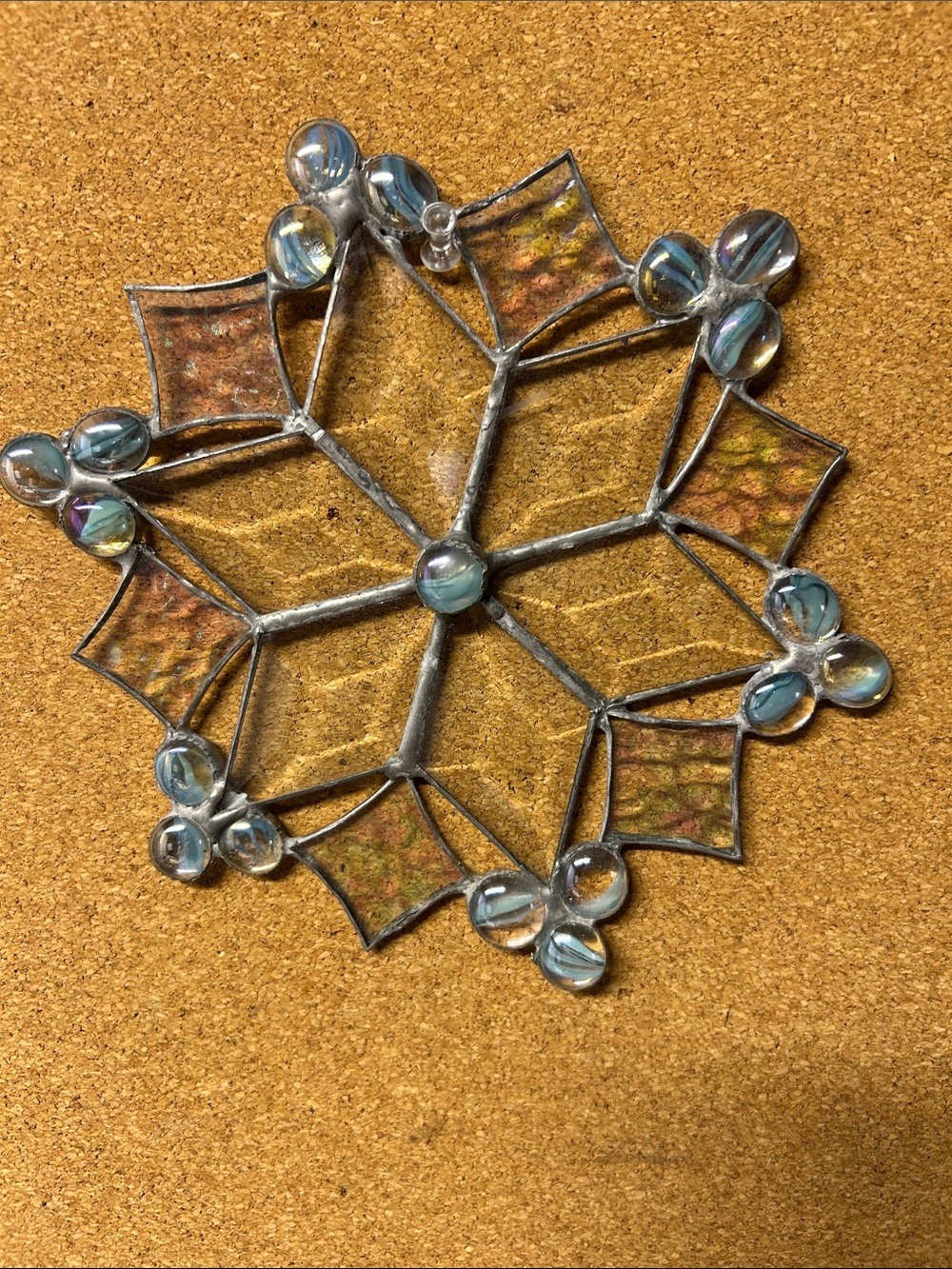 Handcrafted Iridescent stained Glass Snowflake Wall Decor - Blue Accent.